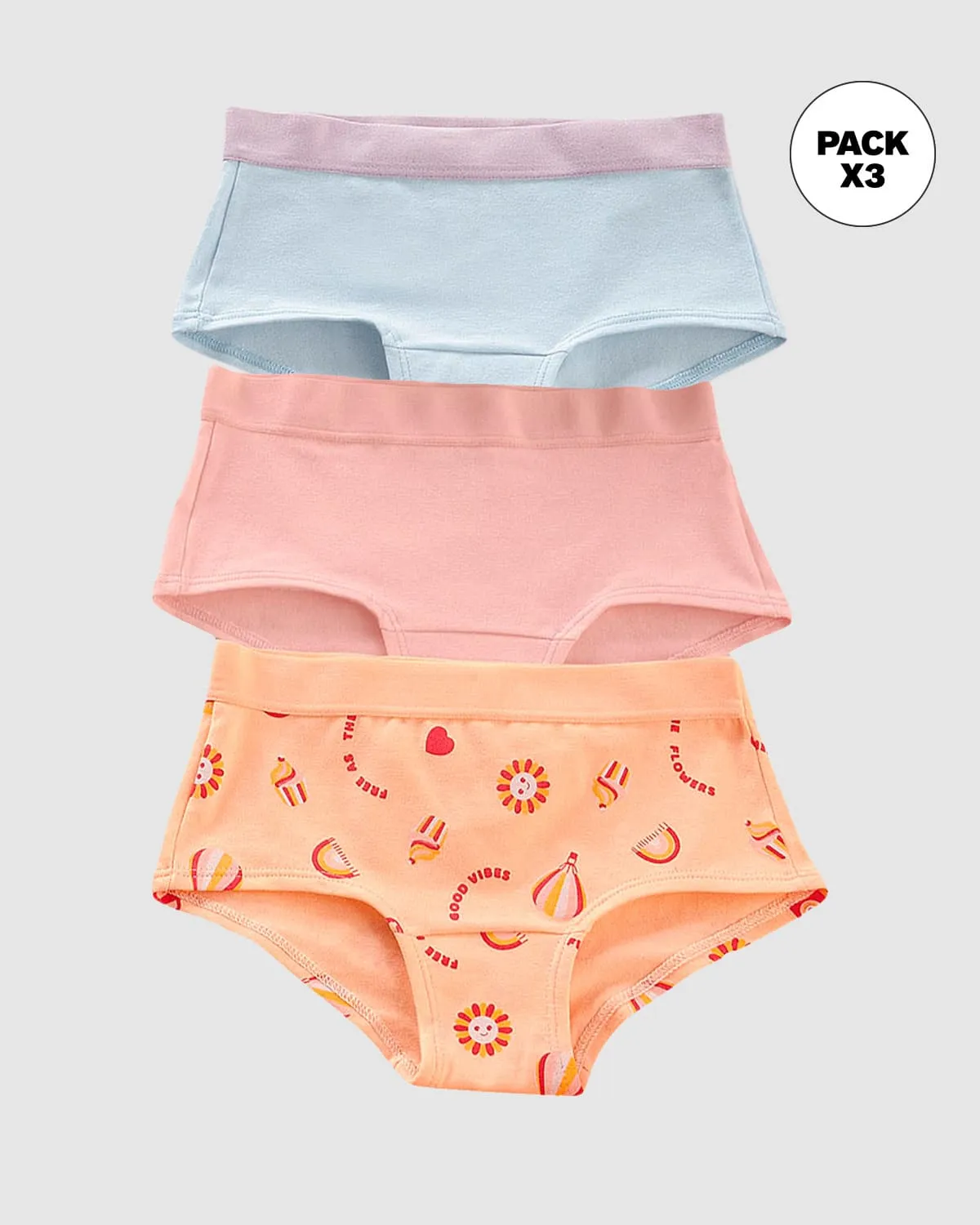 Paquete x 3 panties tipo hipster en algodón suave para nia