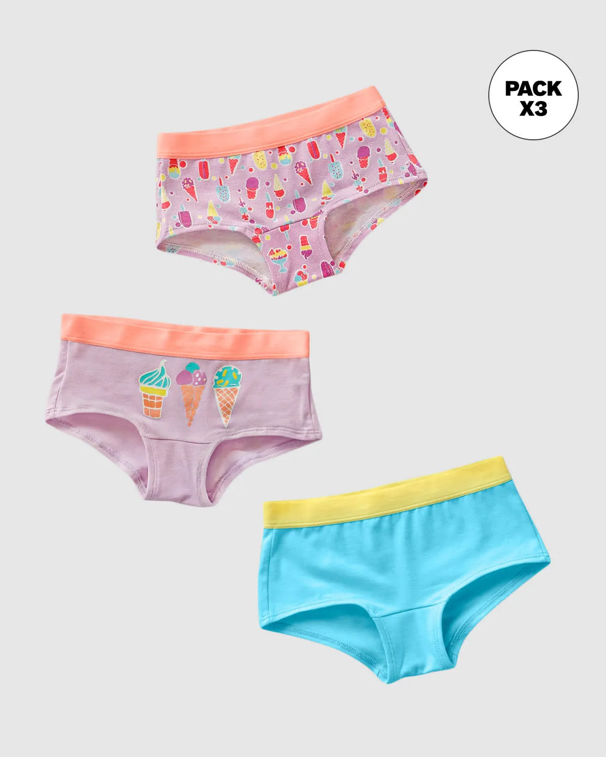Paquete x 3 panties tipo hipster en algodón suave para nia