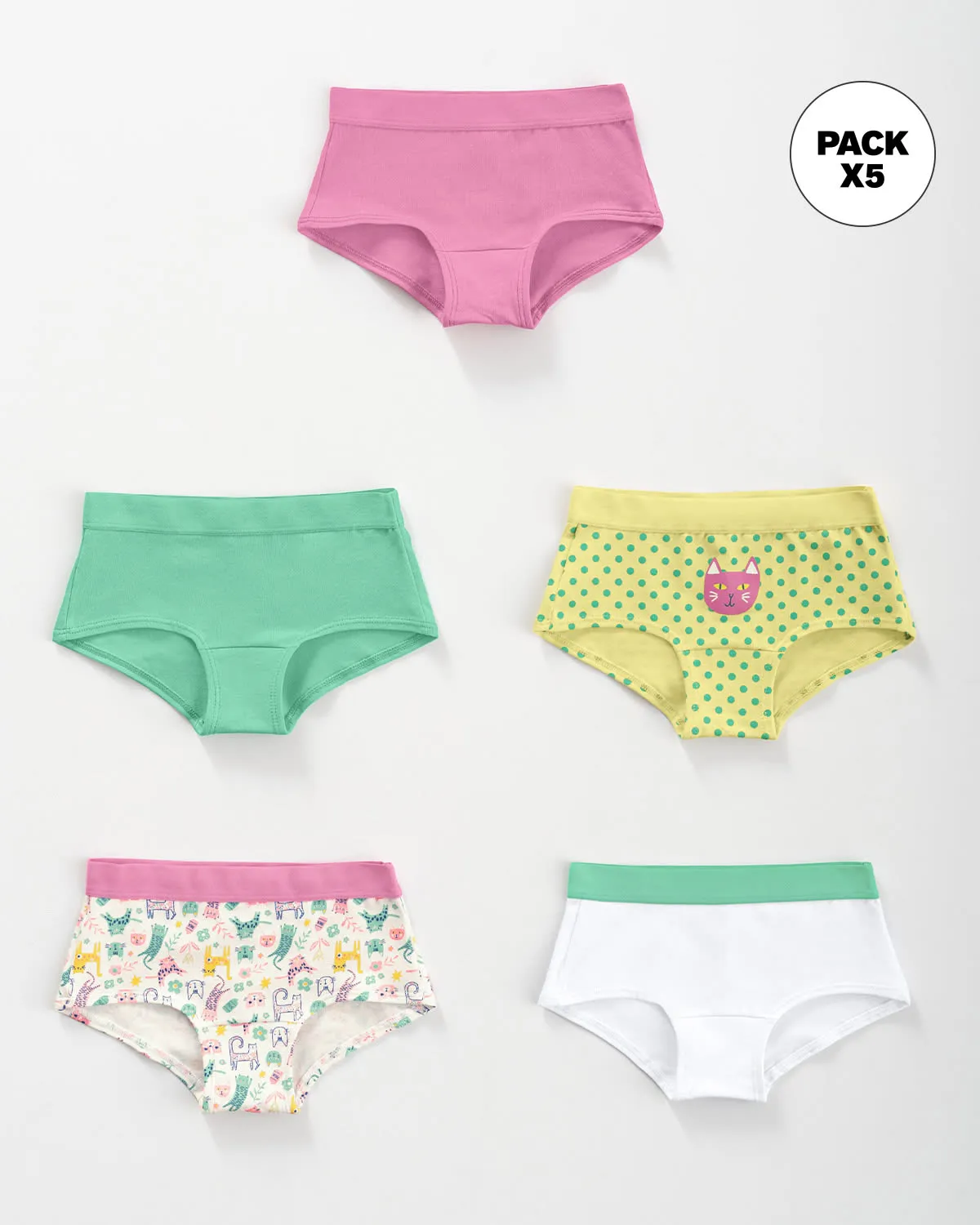 Paquete x 5 panties tipo hipster en algodón suave para nia