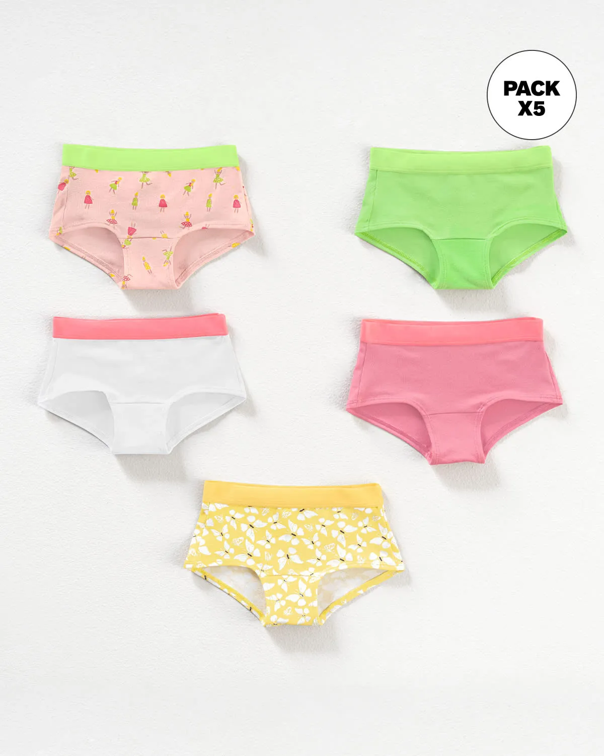 Paquete x 5 panties tipo hipster en algodón suave para nia