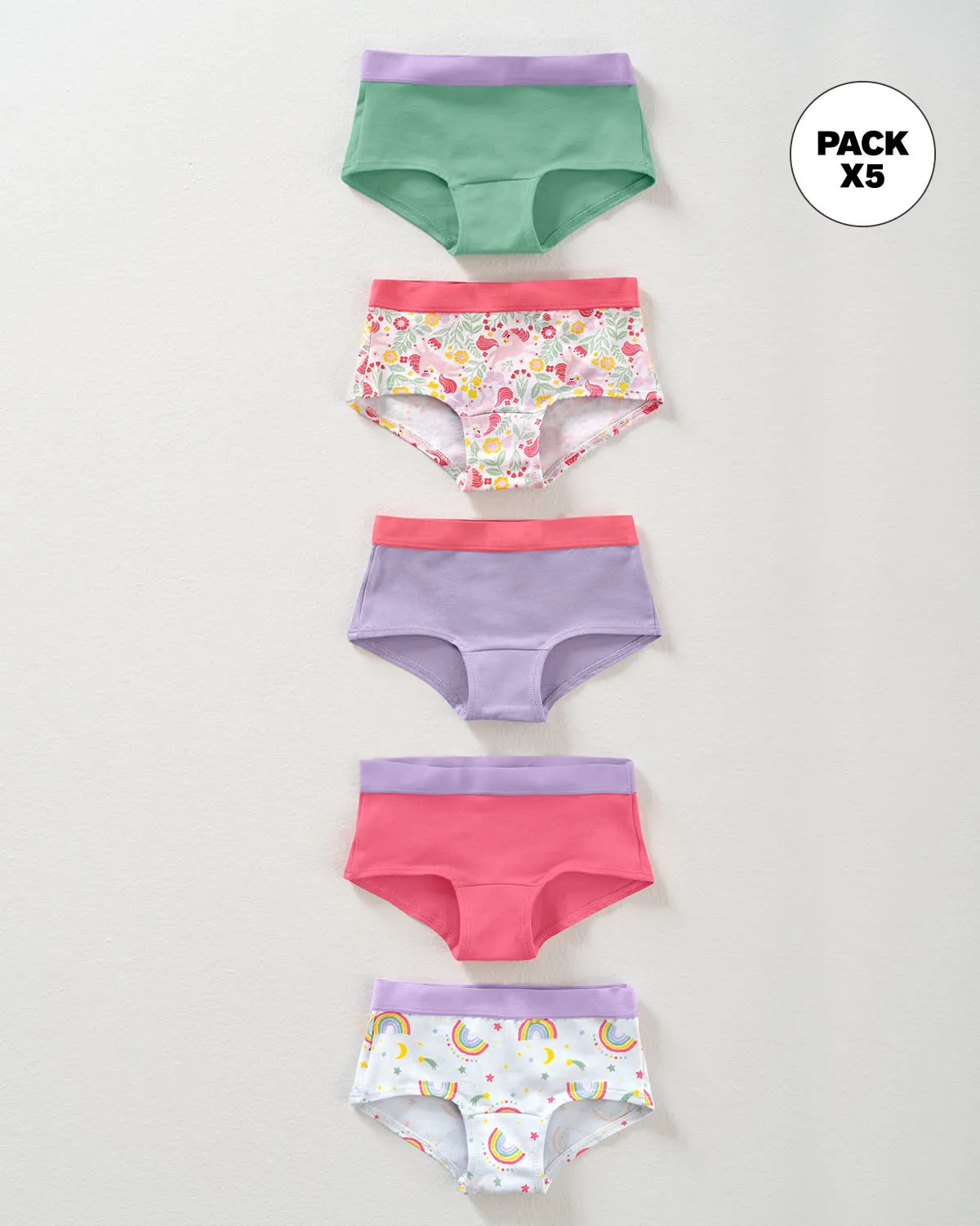 Paquete x 5 panties tipo hipster en algodón suave para nia