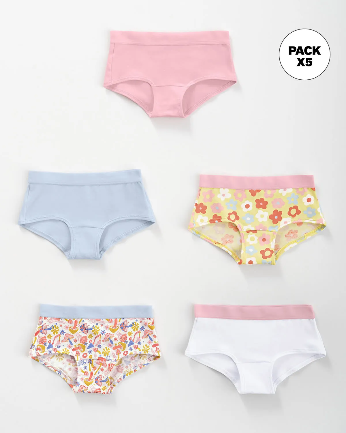 Paquete x 5 panties tipo hipster en algodón suave para nia