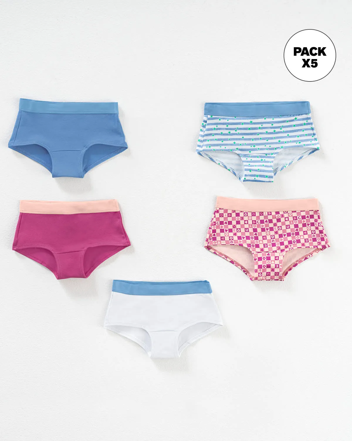 Paquete x 5 panties tipo hipster en algodón suave para nia