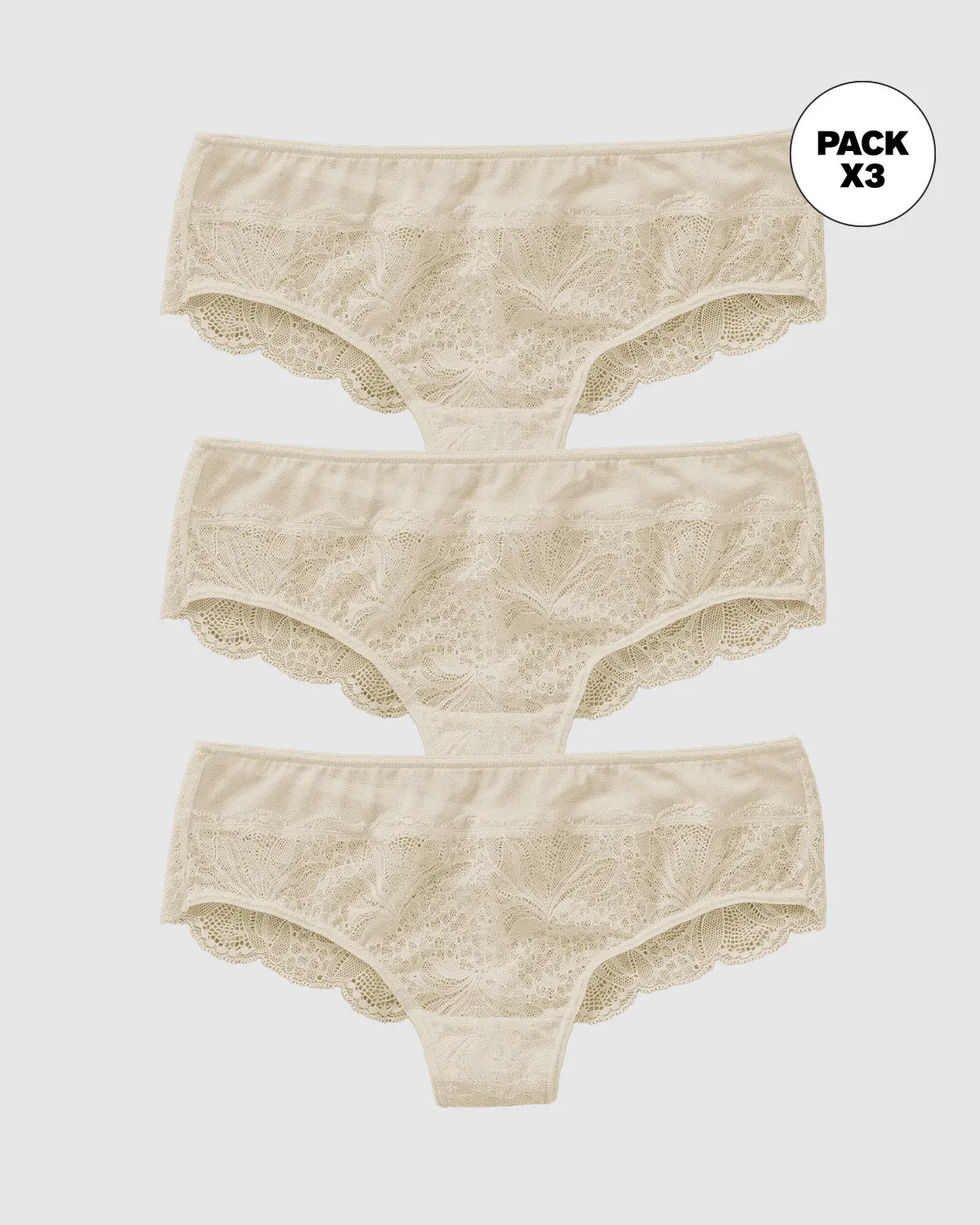 Paquete x3 panties cacheteros semidescaderados en encaje y tul con refuerzo en algodón