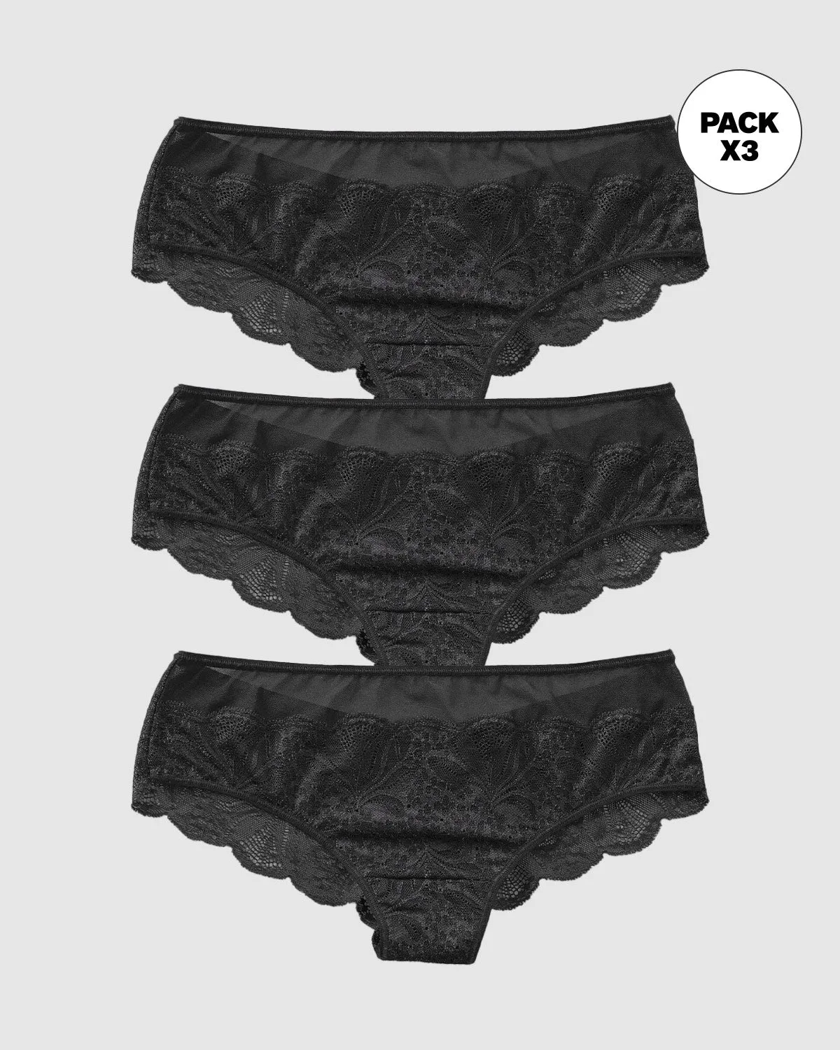 Paquete x3 panties cacheteros semidescaderados en encaje y tul con refuerzo en algodón
