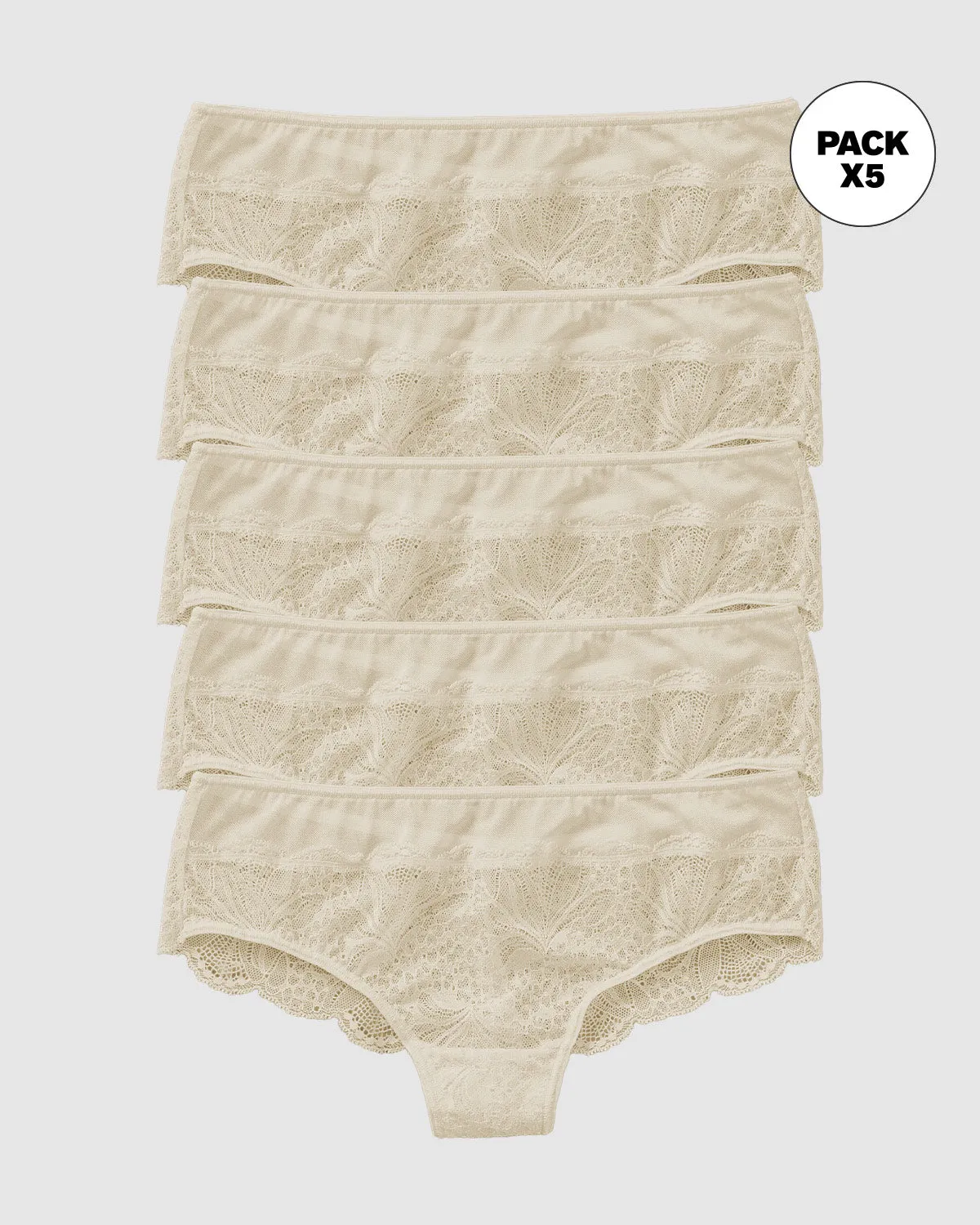 Paquete x5 panties cacheteros semidescaderados en encaje y tul con refuerzo en algodón