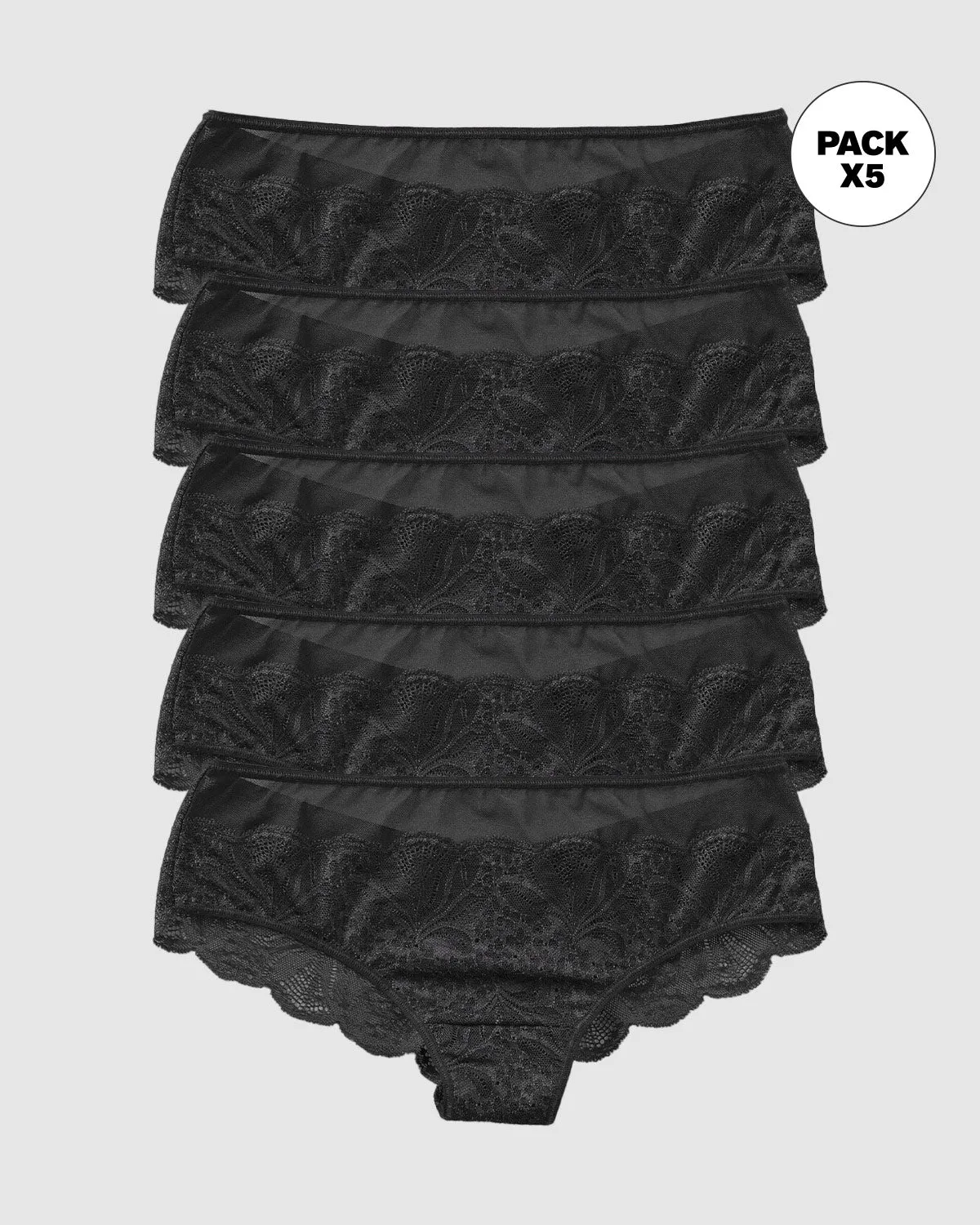 Paquete x5 panties cacheteros semidescaderados en encaje y tul con refuerzo en algodón