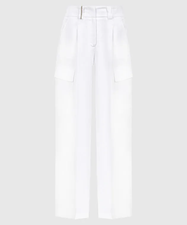 Peserico White linen cargo pants with monil chain