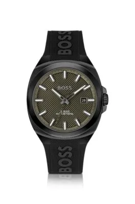 Reloj con correa de silicona y esfera verde oliva en guilloché