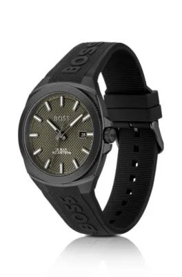 Reloj con correa de silicona y esfera verde oliva en guilloché