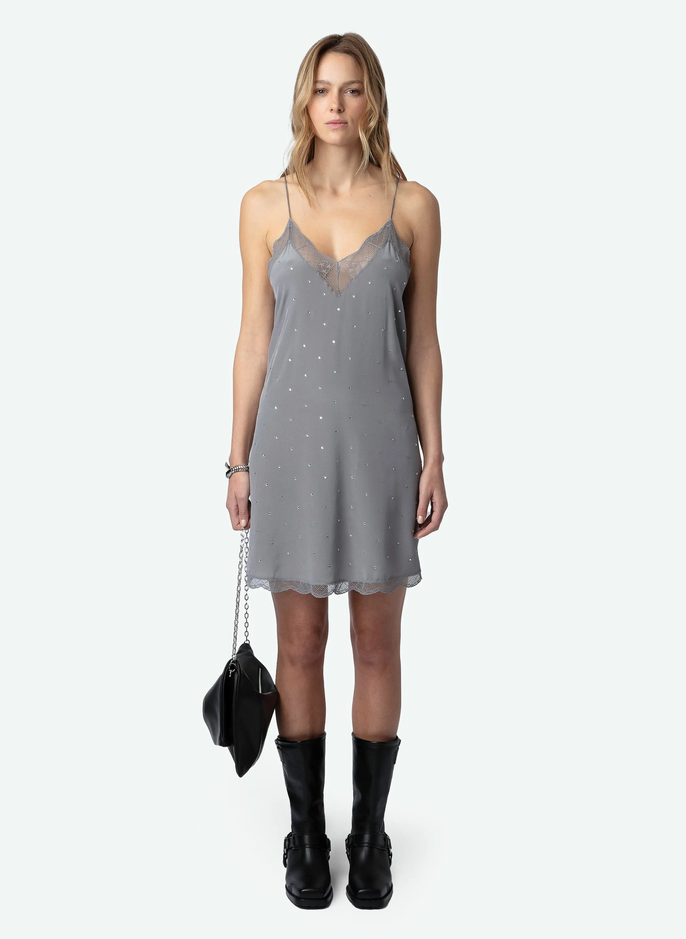 RISTYZ  VESTIDO CORTO DE TIRANTES CON PEDRERíA DE SEDA EN GRIS