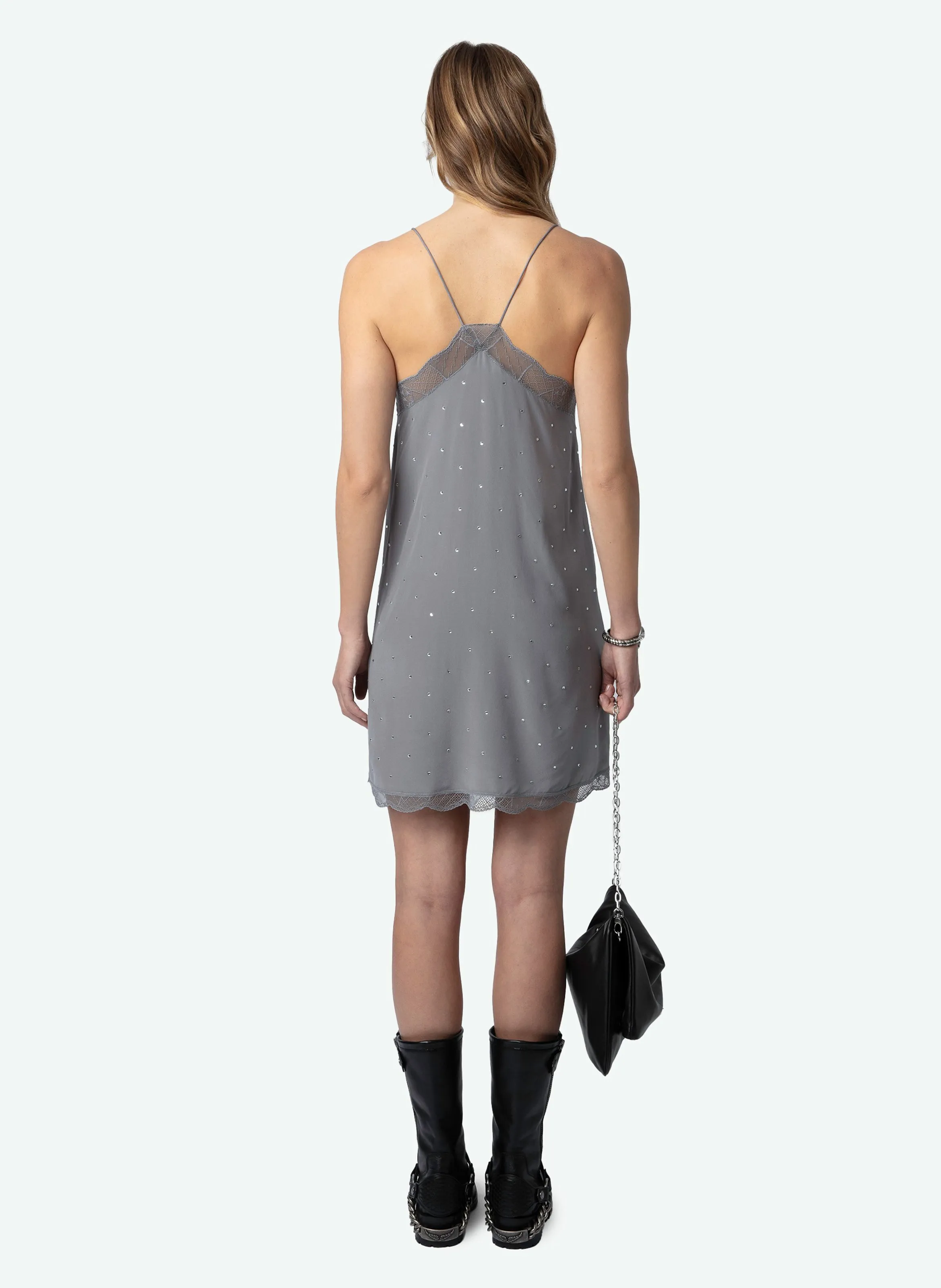 RISTYZ  VESTIDO CORTO DE TIRANTES CON PEDRERíA DE SEDA EN GRIS