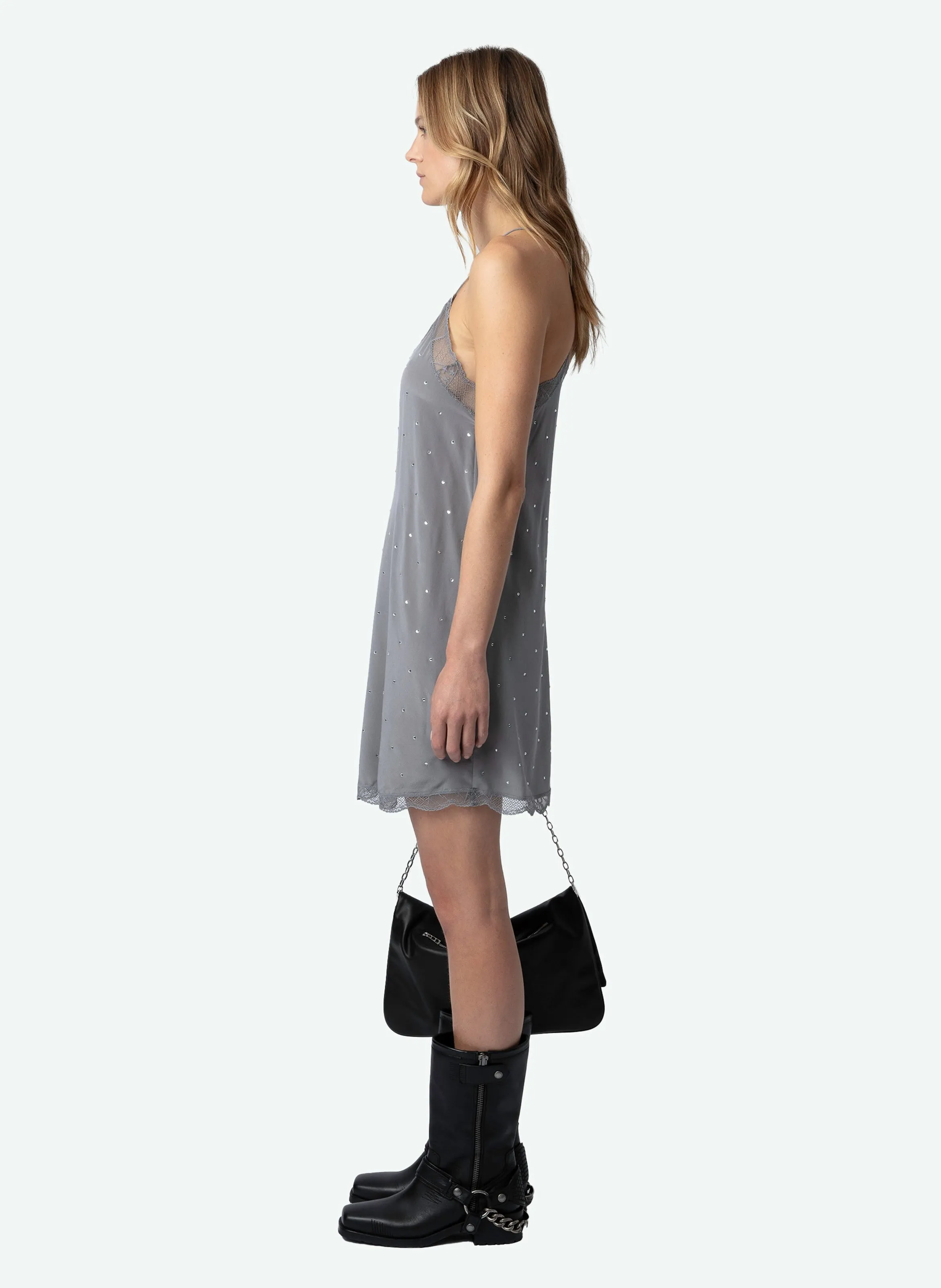 RISTYZ  VESTIDO CORTO DE TIRANTES CON PEDRERíA DE SEDA EN GRIS