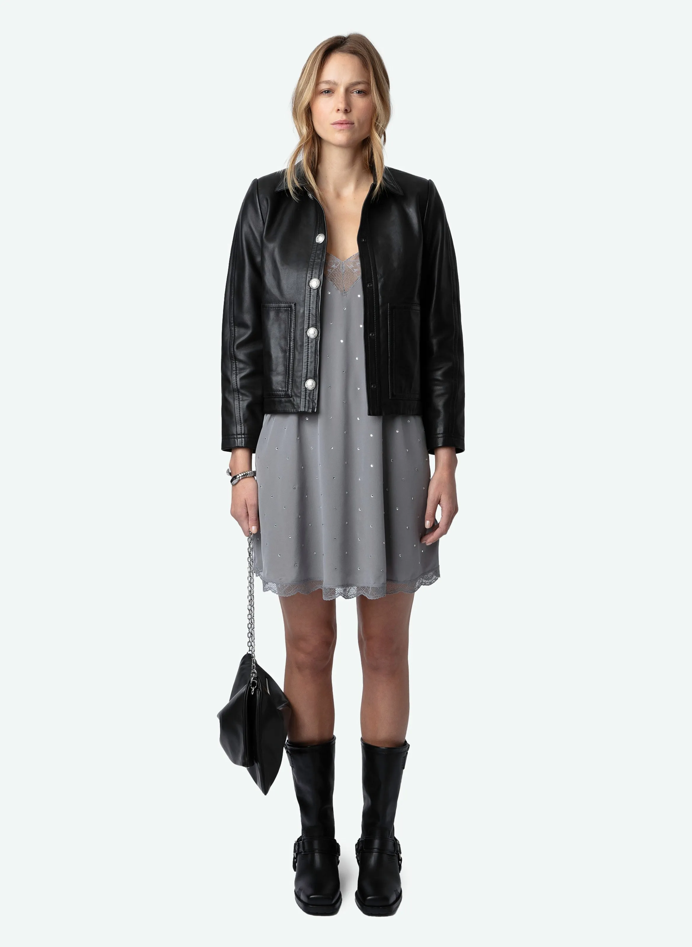 RISTYZ  VESTIDO CORTO DE TIRANTES CON PEDRERíA DE SEDA EN GRIS