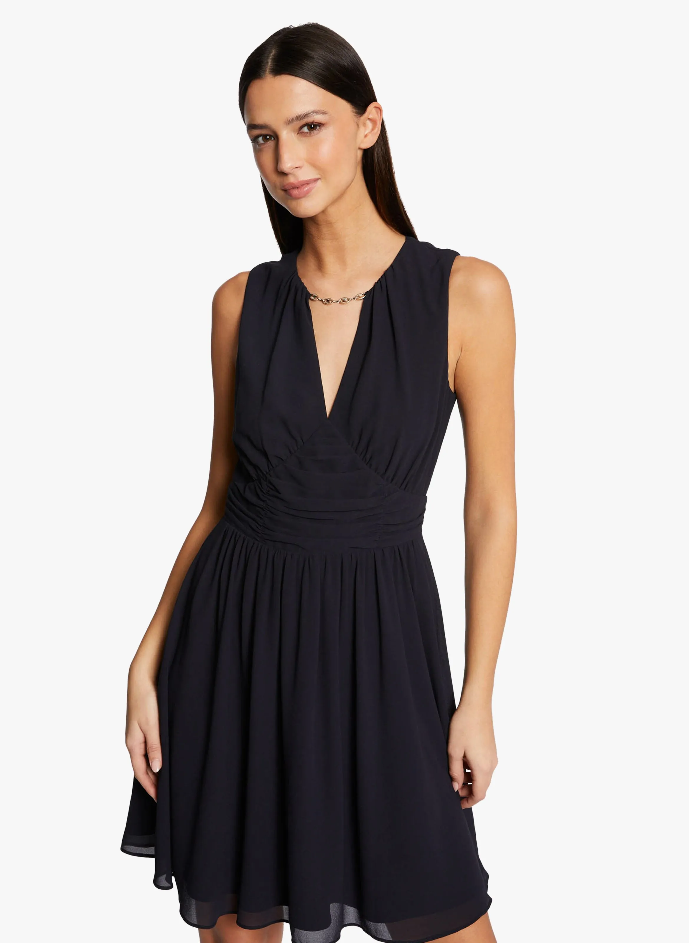 RITCH  VESTIDO DE PATINADORA CON CUELLO DE PICO Y FRUNCES EN AZUL