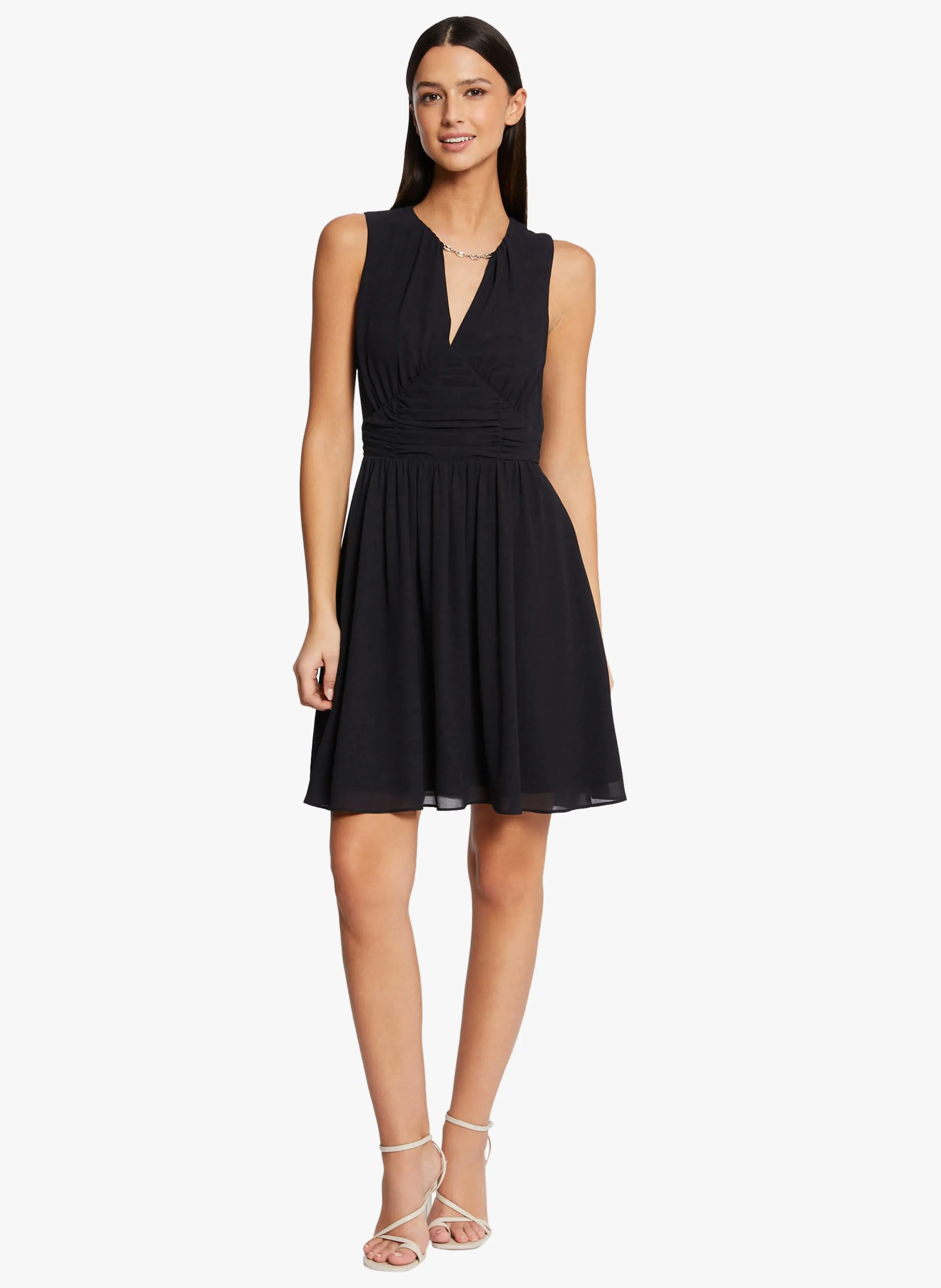 RITCH  VESTIDO DE PATINADORA CON CUELLO DE PICO Y FRUNCES EN AZUL