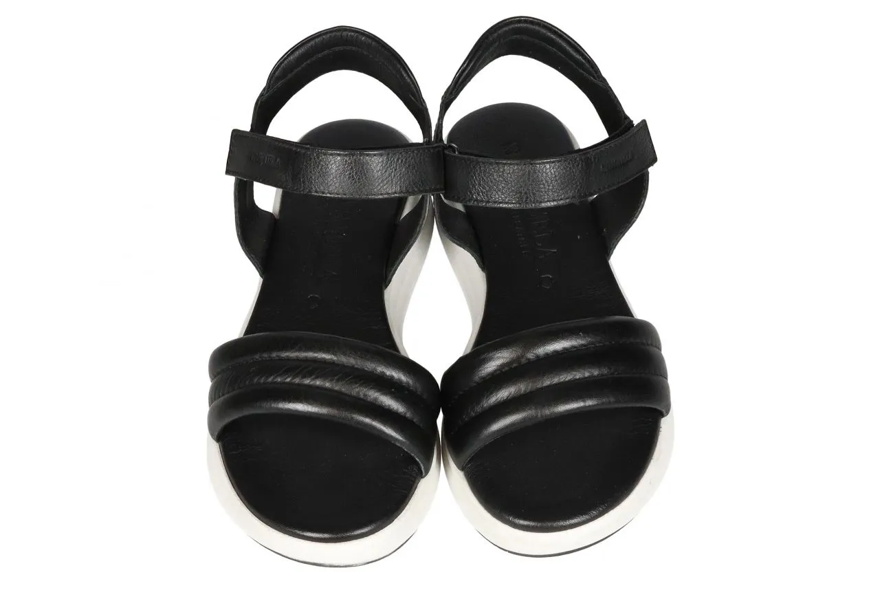 Sandalia Velcro Piel Negro Tira Pala Acolchada Piso Blanco