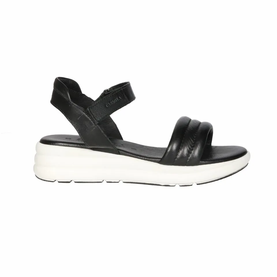 Sandalia Velcro Piel Negro Tira Pala Acolchada Piso Blanco