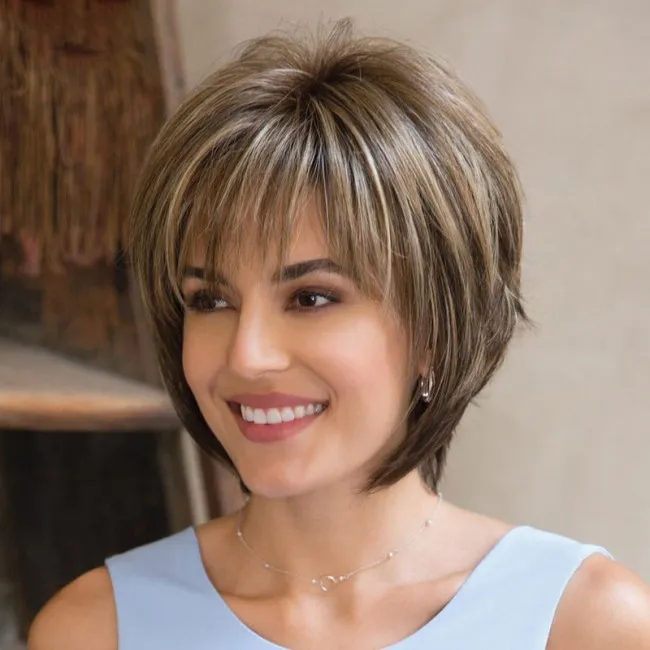 Short Brown Mixed Blonde Synthetic Heat Resistant Replacement Wigs HairCut For Daily Use Natural Women's Hair Wig  