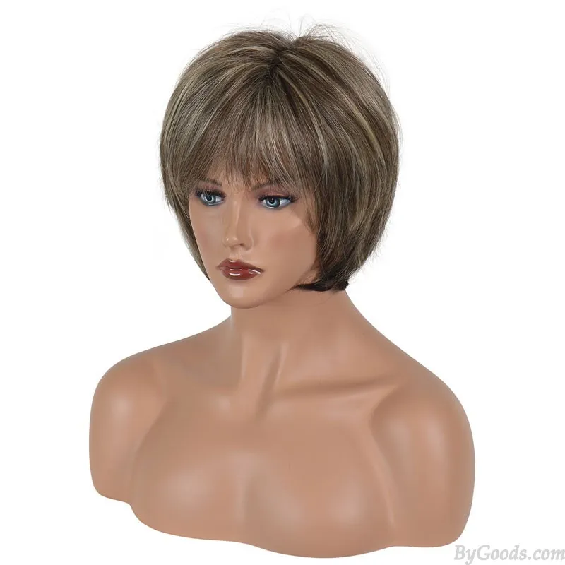 Short Brown Mixed Blonde Synthetic Heat Resistant Replacement Wigs HairCut For Daily Use Natural Women's Hair Wig  