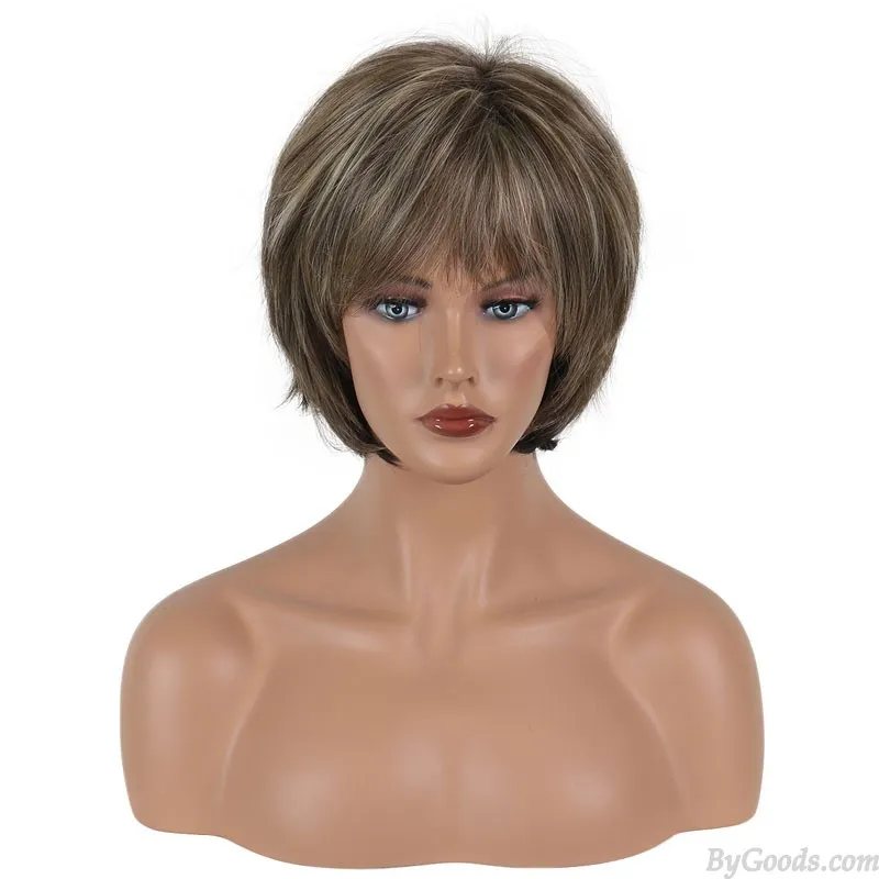 Short Brown Mixed Blonde Synthetic Heat Resistant Replacement Wigs HairCut For Daily Use Natural Women's Hair Wig  