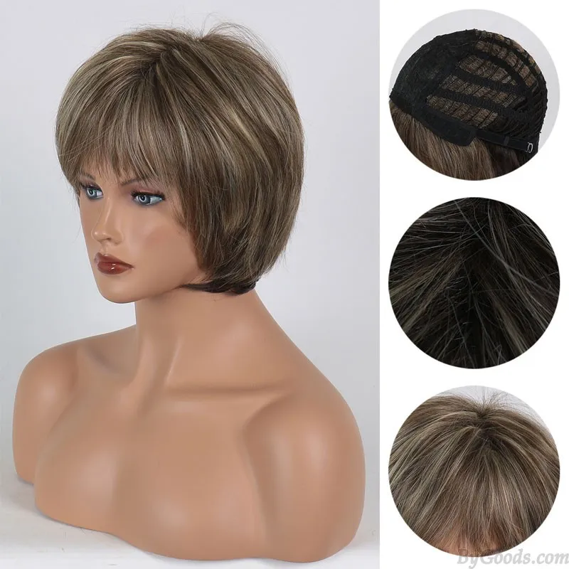 Short Brown Mixed Blonde Synthetic Heat Resistant Replacement Wigs HairCut For Daily Use Natural Women's Hair Wig  