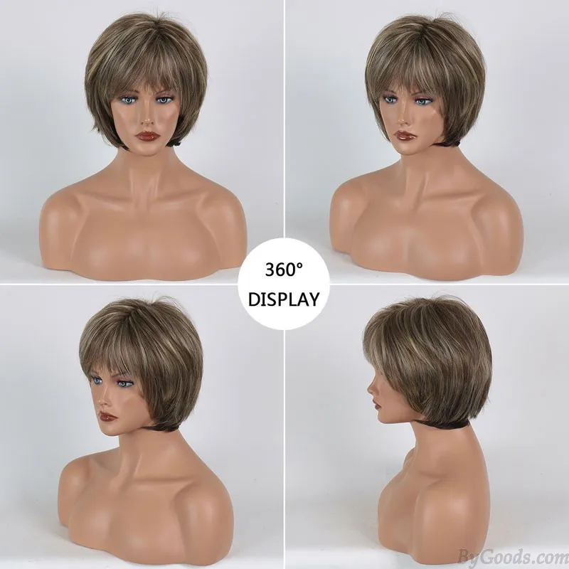 Short Brown Mixed Blonde Synthetic Heat Resistant Replacement Wigs HairCut For Daily Use Natural Women's Hair Wig  