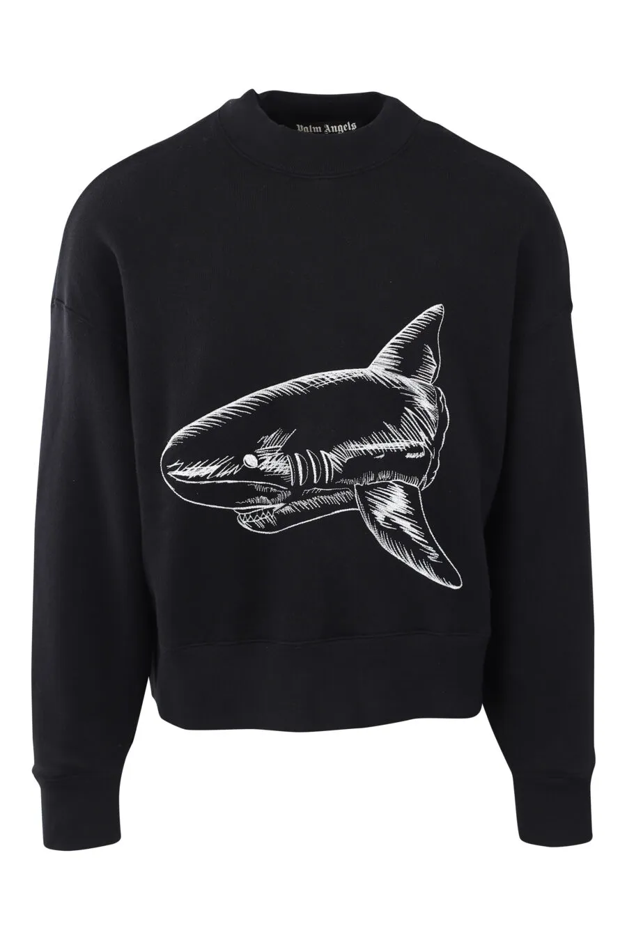 Sudadera negra con tiburón bordado blanco y logo detrás