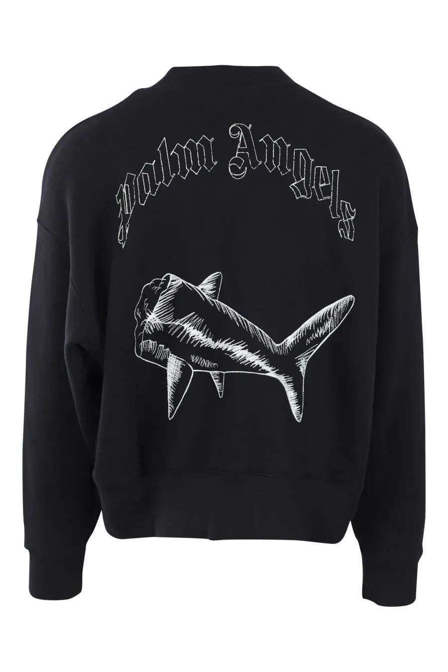 Sudadera negra con tiburón bordado blanco y logo detrás