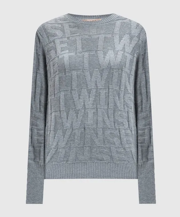 Twinset Gray jumper with cashmere in a woven logo pattern