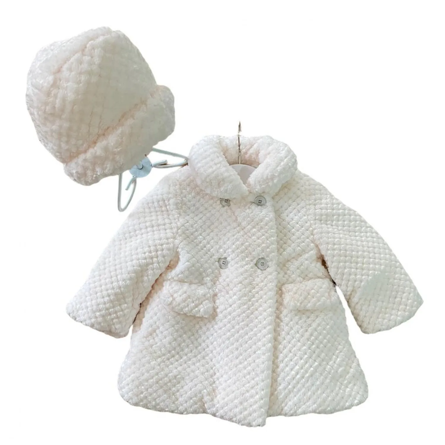 Unisex beige fur coat and bonnet set