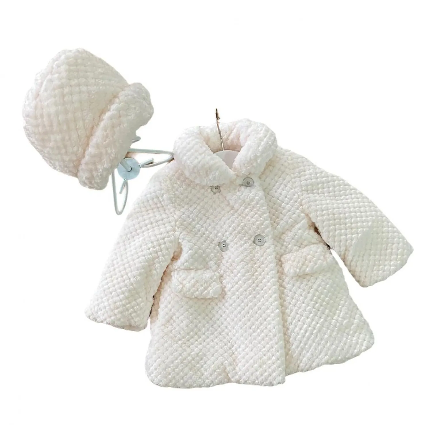 Unisex beige fur coat and bonnet set