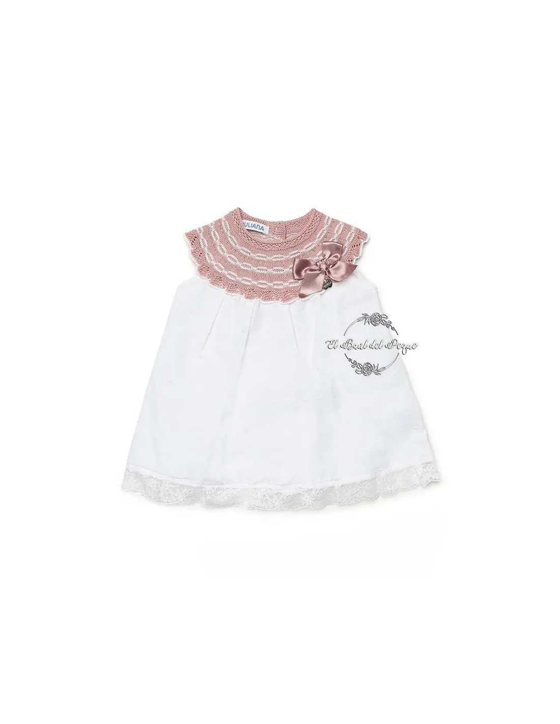 Vestido Bebé Niña Cuerpo Punto Plumeti Blanco y Rosa Juliana