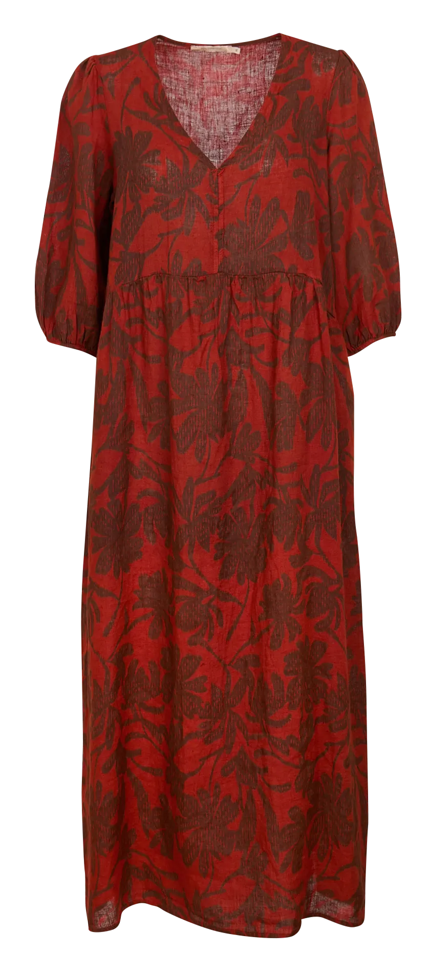 Vestido largo con cuello en V estampado en lino en marron