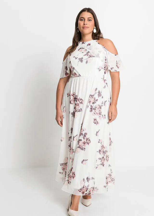 Vestido largo de malla estampado Blanco lana de flores