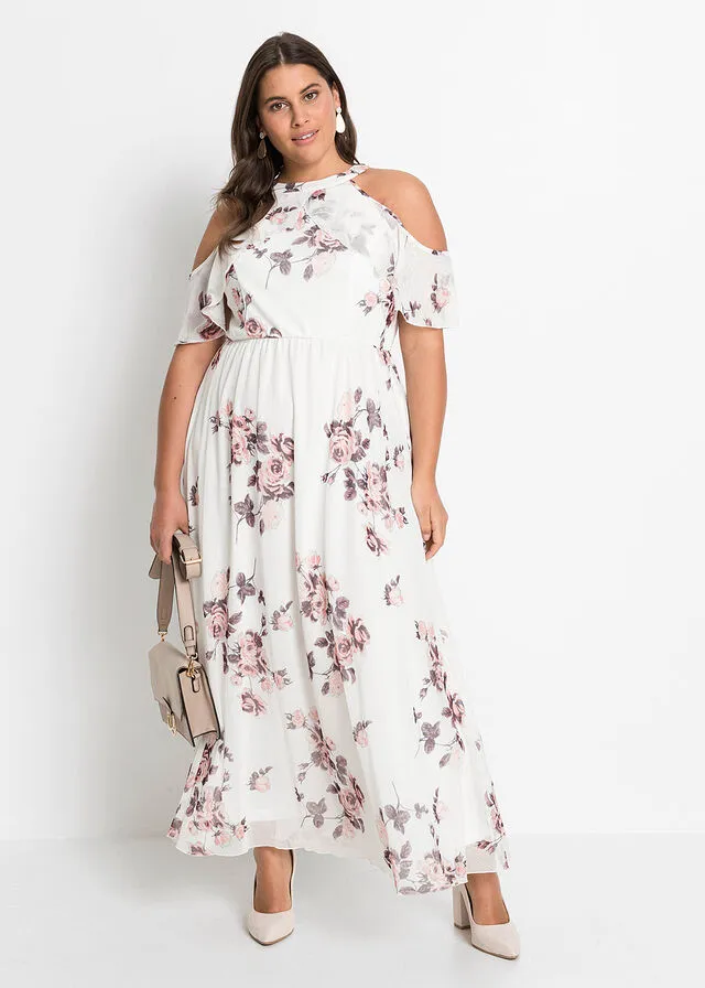 Vestido largo de malla estampado Blanco lana de flores