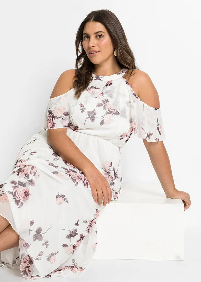 Vestido largo de malla estampado Blanco lana de flores