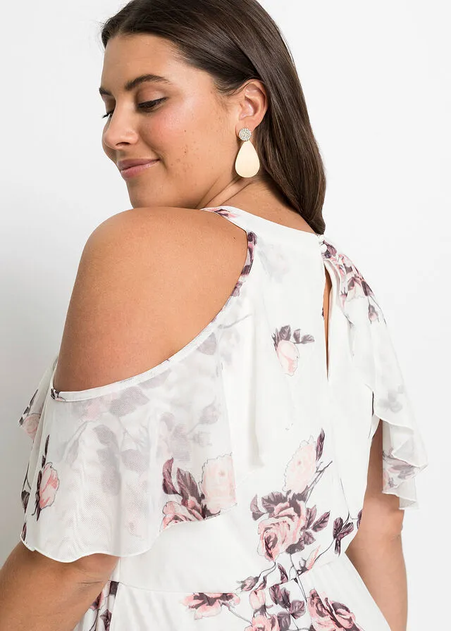 Vestido largo de malla estampado Blanco lana de flores