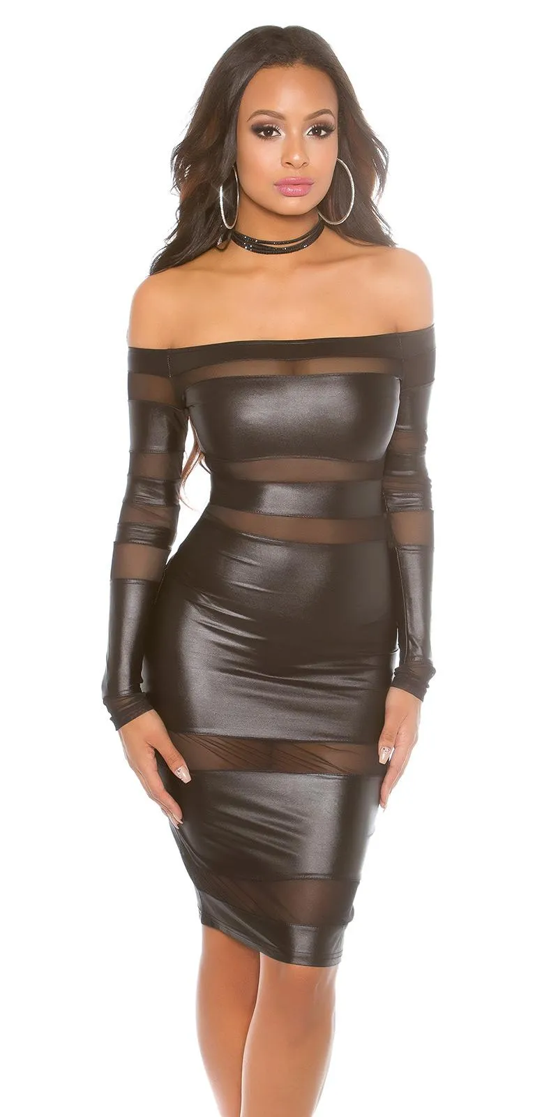 Vestido Midi Polipiel con Malla Negro