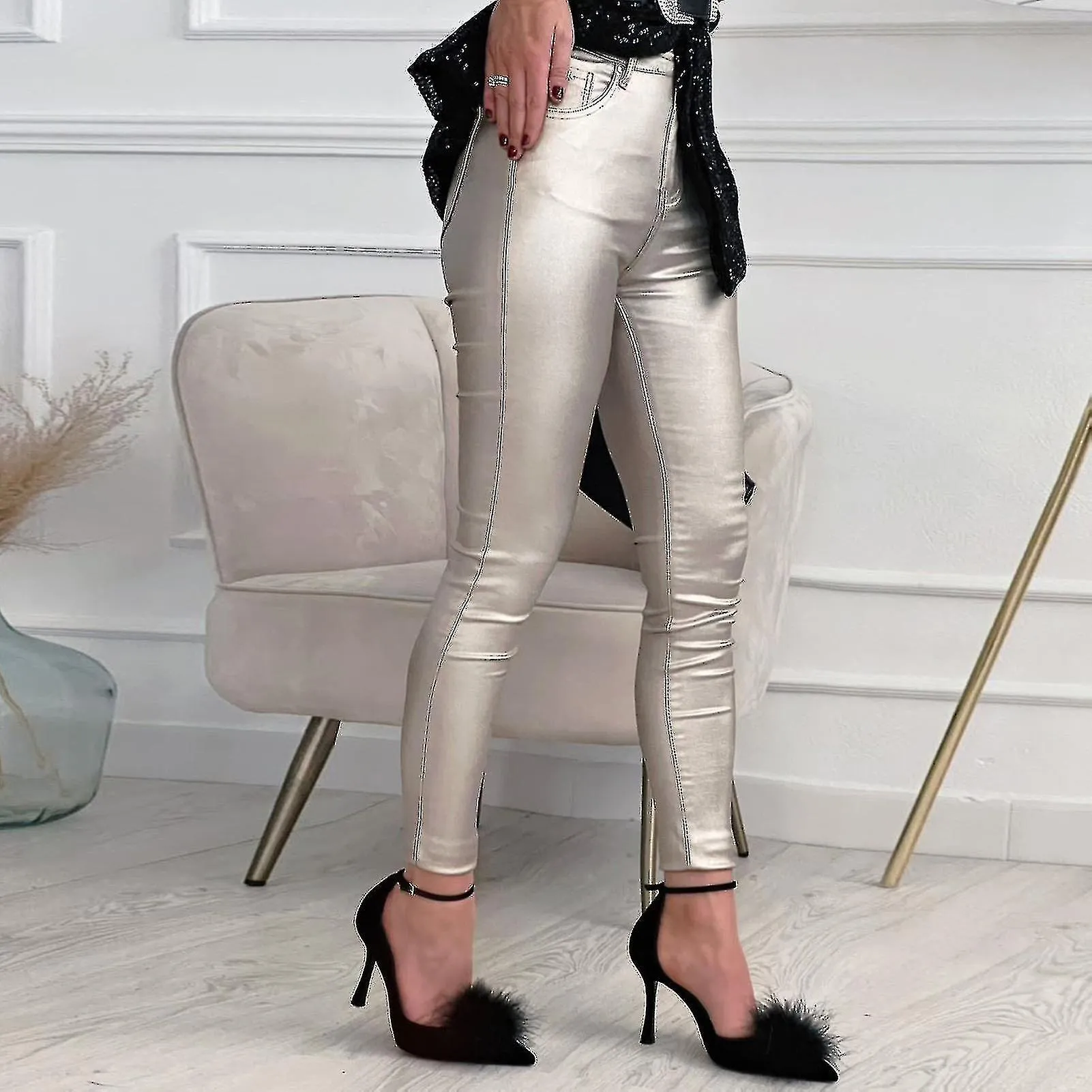 WOMEN LEGGINGS ANKLELENGTH TIGHT STRETCHY WRINKLE RESISTANT POCKETS BRIGHT SURFACE SKINNY FAUX LEATHER LEGGINGS PANTS WOMEN CLO