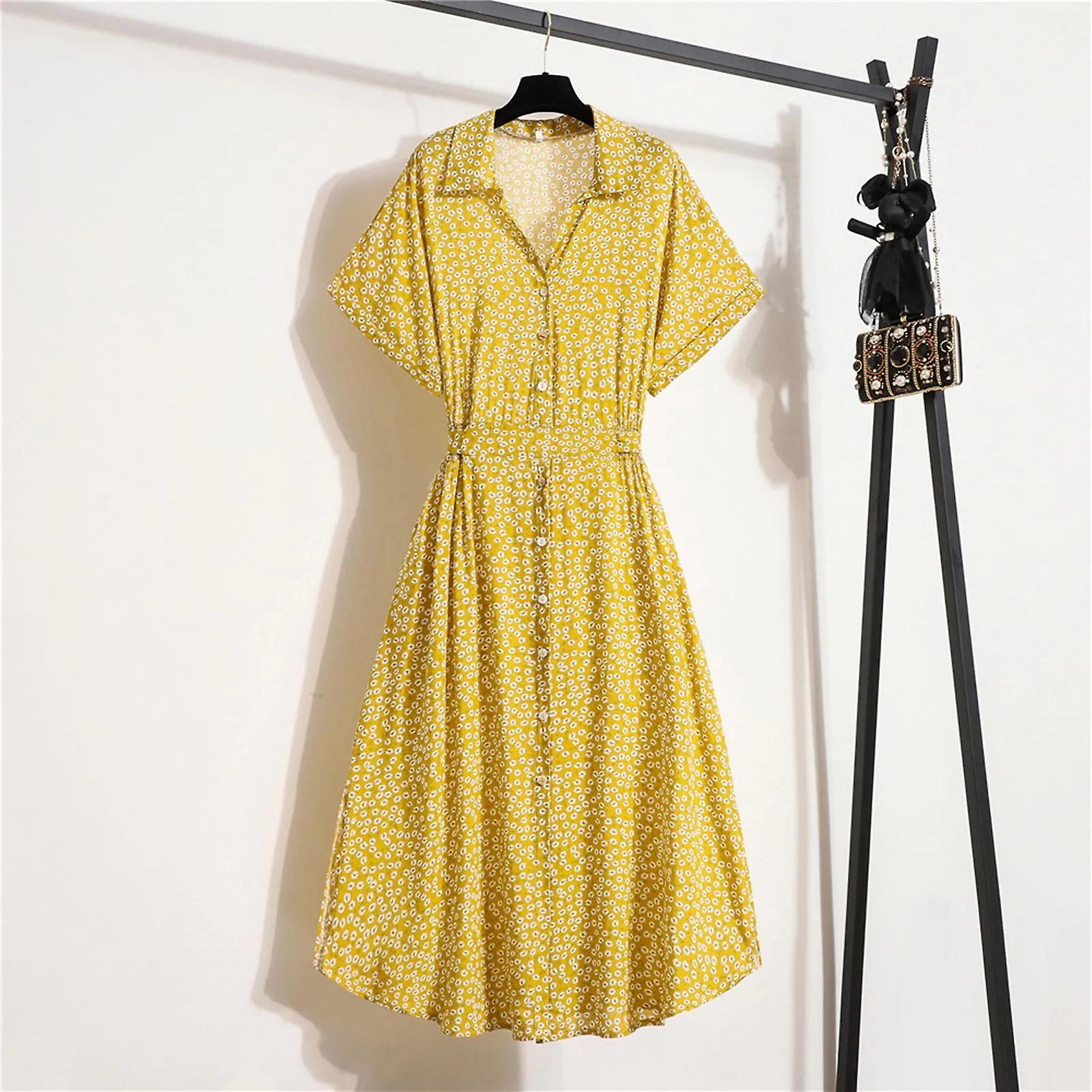 WOMEN'S BUTTON FLORAL DRESS SHORTSLEEVE SUMMER WAIST SLIMMING DRESS FOR WOMEN HOLIDAY OUTDOOR WEAR