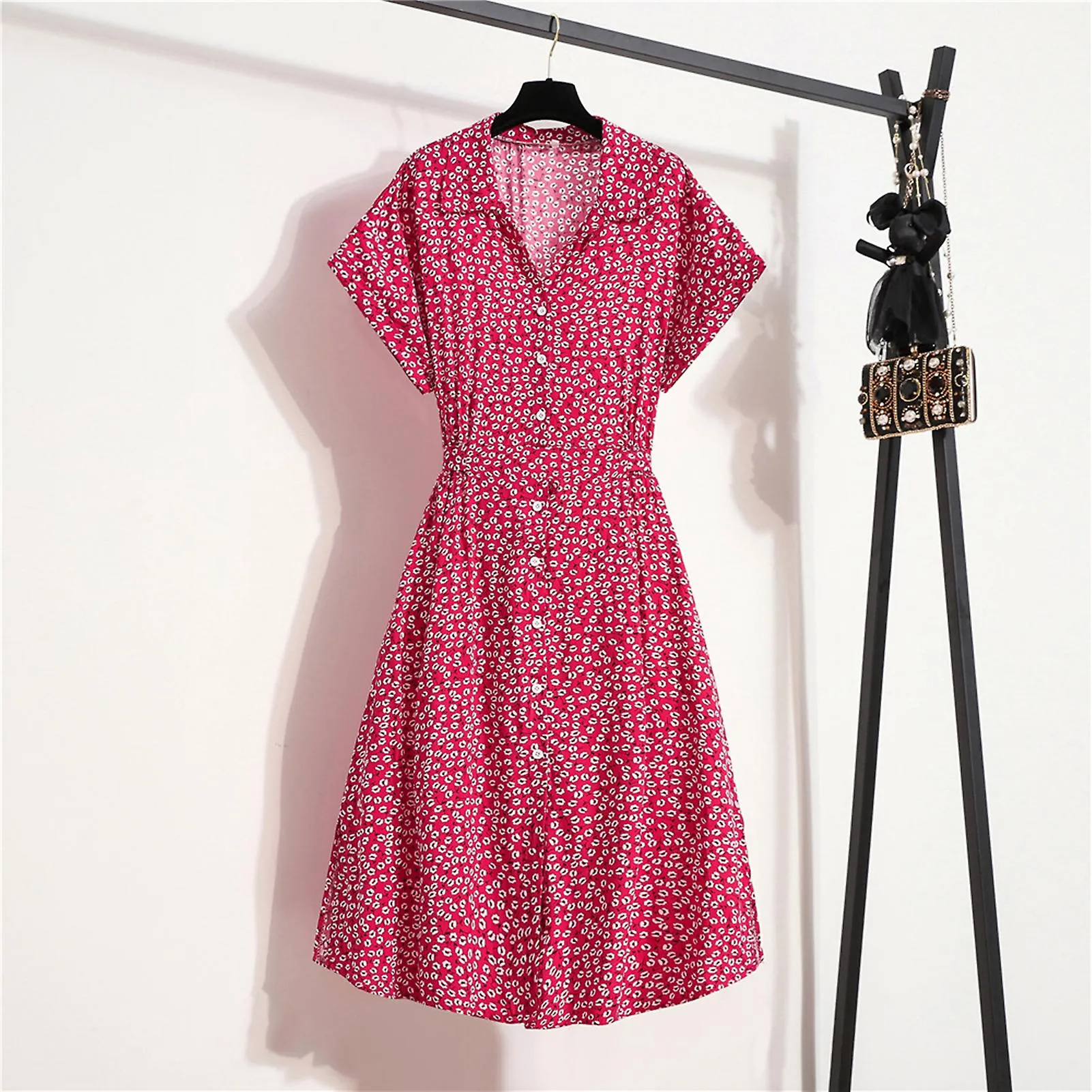 WOMEN'S BUTTON FLORAL DRESS SHORTSLEEVE SUMMER WAIST SLIMMING DRESS FOR WOMEN HOLIDAY OUTDOOR WEAR