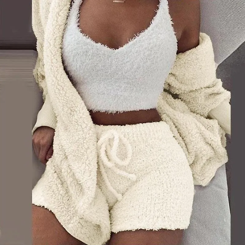 WOMEN'S WINTER PLUSH FLUFF SLEEPWEAR CASUAL 3 PIECE SETS PAJAMAS SET LONG SLEEVE COAT VNECK VEST SHORTS PANTS SUIT