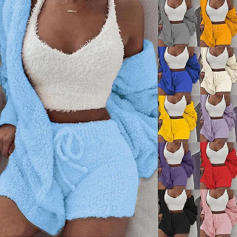 WOMEN'S WINTER PLUSH FLUFF SLEEPWEAR CASUAL 3 PIECE SETS PAJAMAS SET LONG SLEEVE COAT VNECK VEST SHORTS PANTS SUIT