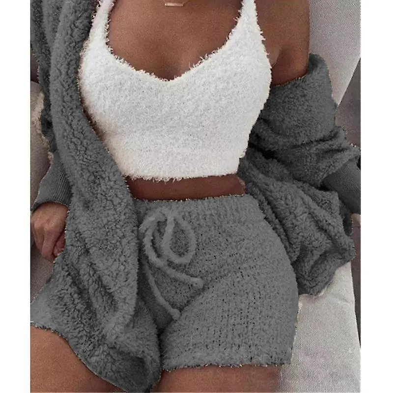 WOMEN'S WINTER PLUSH FLUFF SLEEPWEAR CASUAL 3 PIECE SETS PAJAMAS SET LONG SLEEVE COAT VNECK VEST SHORTS PANTS SUIT