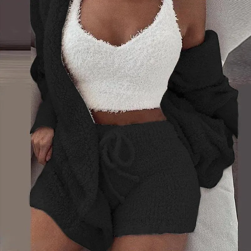 WOMEN'S WINTER PLUSH FLUFF SLEEPWEAR CASUAL 3 PIECE SETS PAJAMAS SET LONG SLEEVE COAT VNECK VEST SHORTS PANTS SUIT
