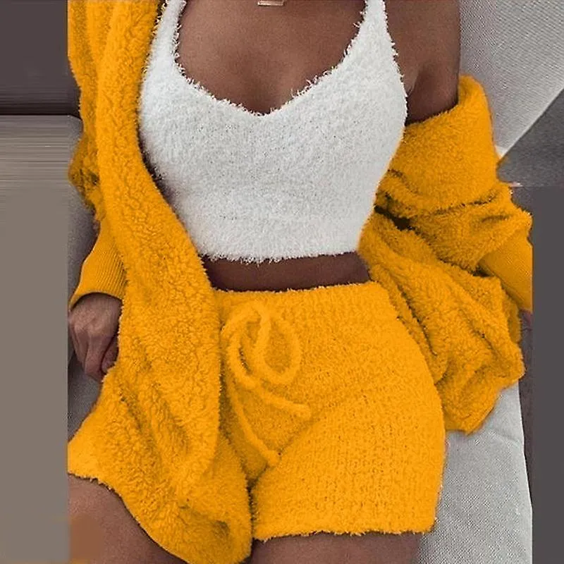 WOMEN'S WINTER PLUSH FLUFF SLEEPWEAR CASUAL 3 PIECE SETS PAJAMAS SET LONG SLEEVE COAT VNECK VEST SHORTS PANTS SUIT