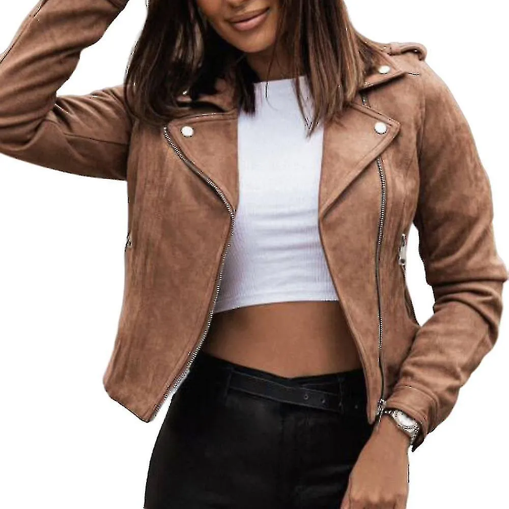 WOMENS SUEDE ZIP UP BIKER JACKET LADIES CASUAL MOTORCYCLE CROPPED COAT OUTWEARGOOD