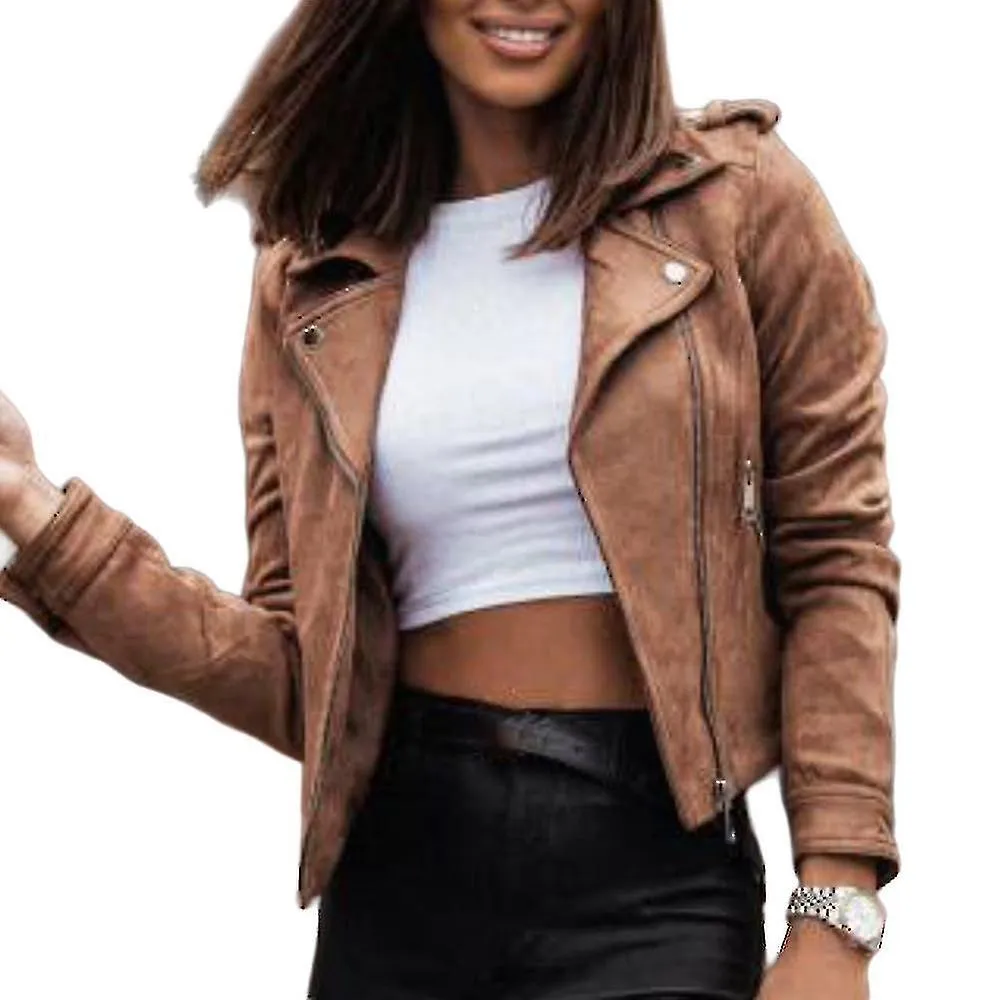 WOMENS SUEDE ZIP UP BIKER JACKET LADIES CASUAL MOTORCYCLE CROPPED COAT OUTWEARGOOD