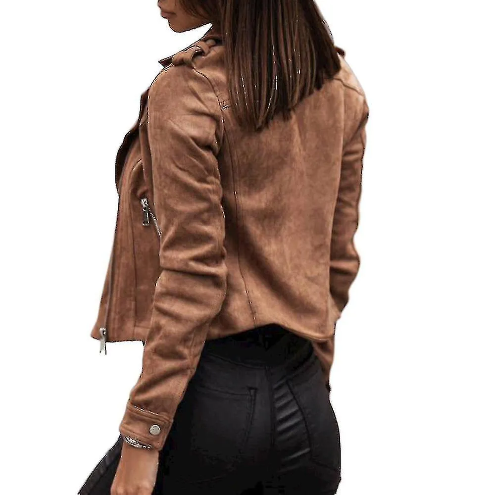 WOMENS SUEDE ZIP UP BIKER JACKET LADIES CASUAL MOTORCYCLE CROPPED COAT OUTWEARGOOD